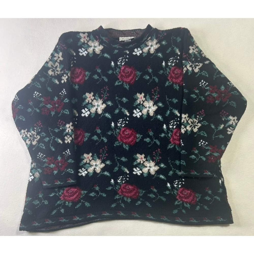 Private Eyes Vintage Floral Rose Knit Sweater Black Red 2X Made in USA